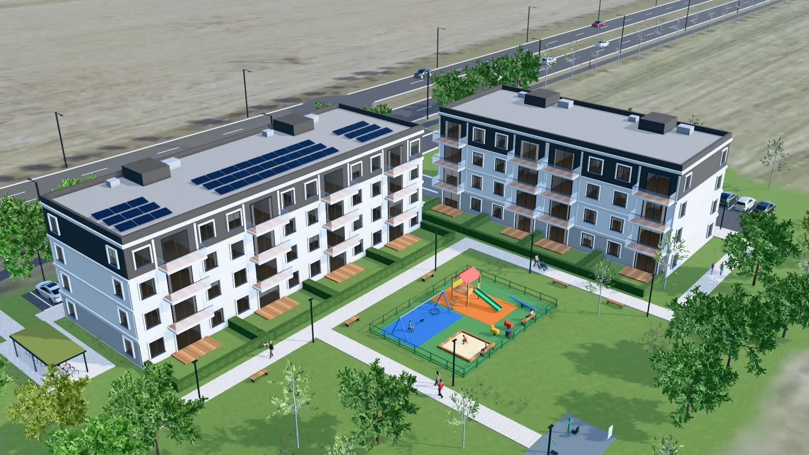 Makieta 3D przykładowej inwestycji w Lesznie, widok z lotu ptaka: dwa budynki mieszkalne z balkonami, ogródkami i panelami na dachu, dziedziniec z ogrodzonym placem zabaw, mieszkańcy na spacerze i dzieci na placu, rowerownia, ulice wokół osiedla z autami i latarniami