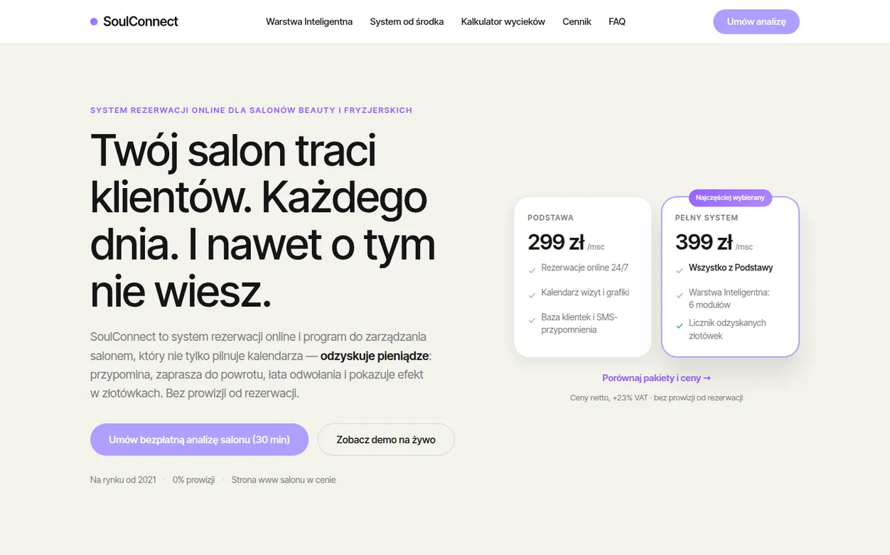 SoulConnect — system rezerwacji online dla firm usługowych: pakiety abonamentowe, kalendarz wizyt i przypomnienia dla klientów
